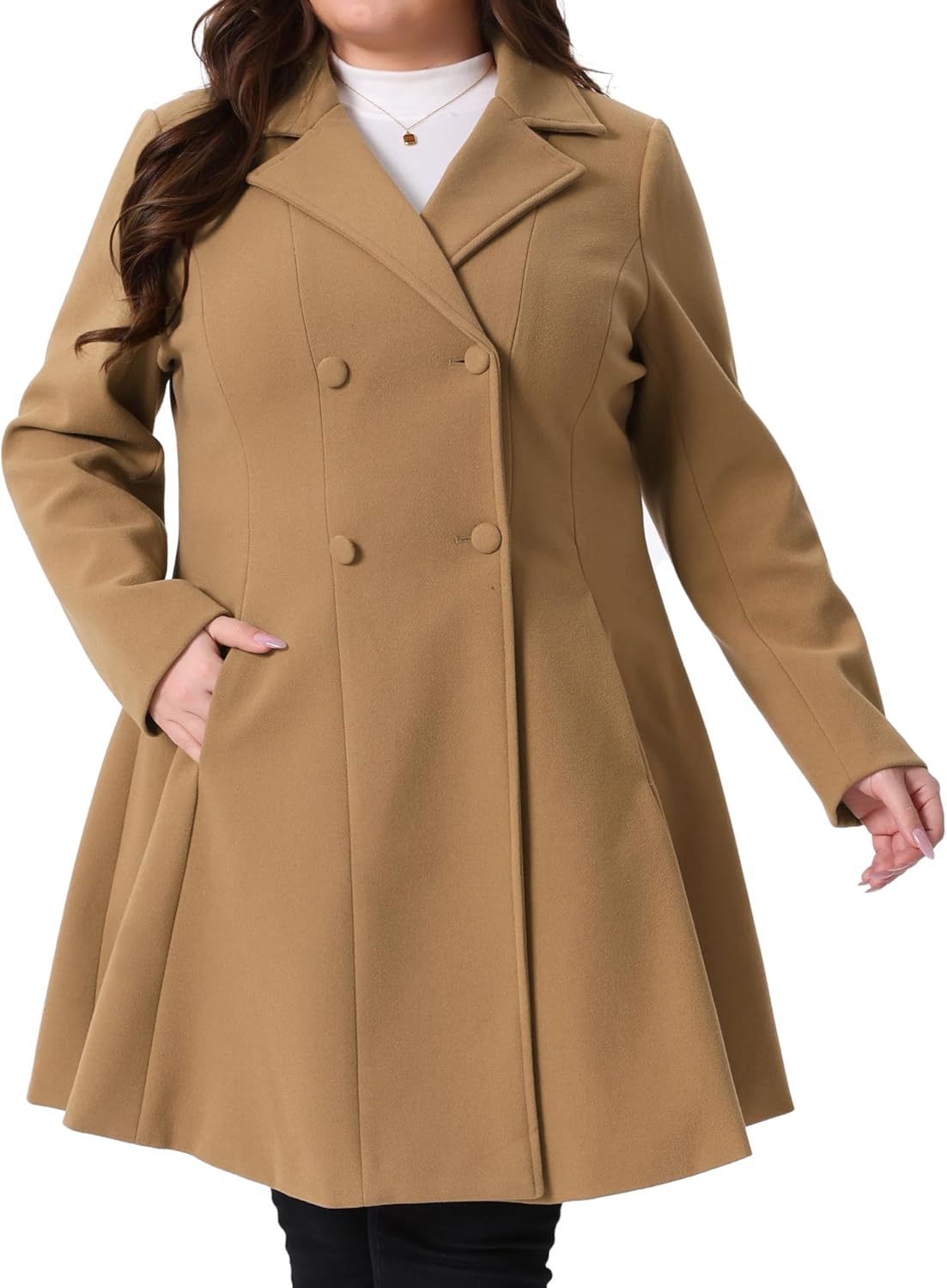 Agnes Orinda Plus Size Winter Coats for Women Notch Lapel Double Breasted A Line Peacoat Trench Coat with Pockets