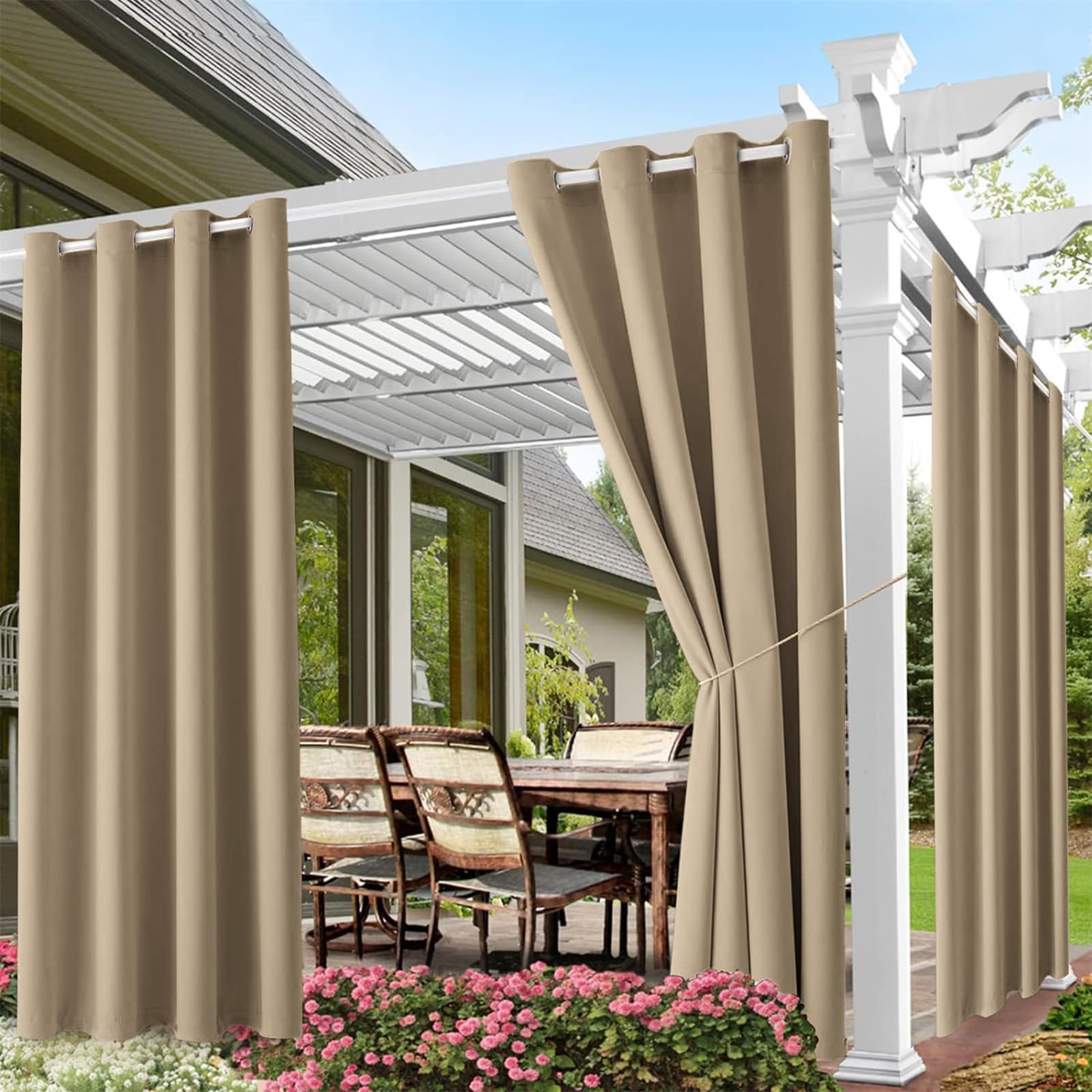 Cortina Exterior Impermeable para Porche Cortinas Exterior Terraza para Pergolas de Jardin con Ojales, 2 Piezas, 132x244 cm, Taupe