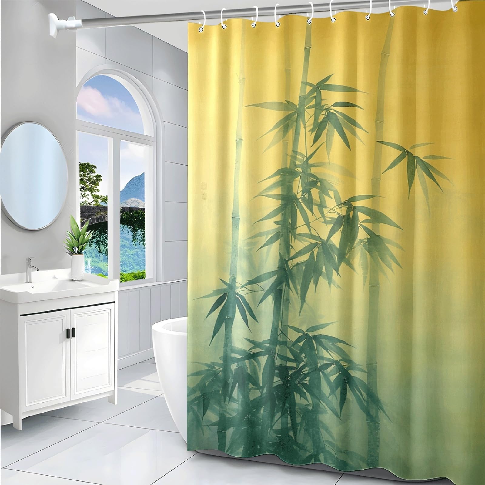 Tenda Doccia Bamboo Giallo Tenda Doccia Antimuffa Impermeabile Poliestere Lavabile con 12 Ganci Facile da Installare Tende Finestra Bagno per Dormitorio Hotel (180x220cm)