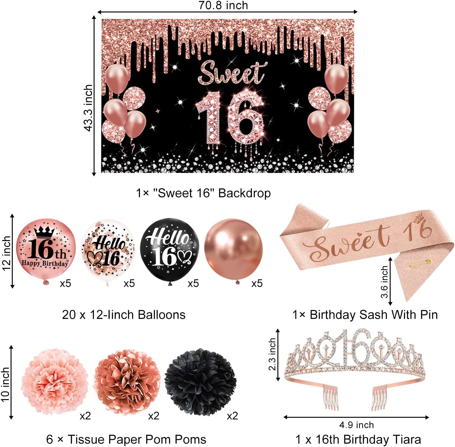 Sweet 16 Party Decorations – 16th Birthday Decorations Backdrop, Banner, Honeycomb Centerpieces, Hanging Swirls, Foil & Latex Balloon, Cake & Cupcake Toppers, Sash, Pom Poms image 3