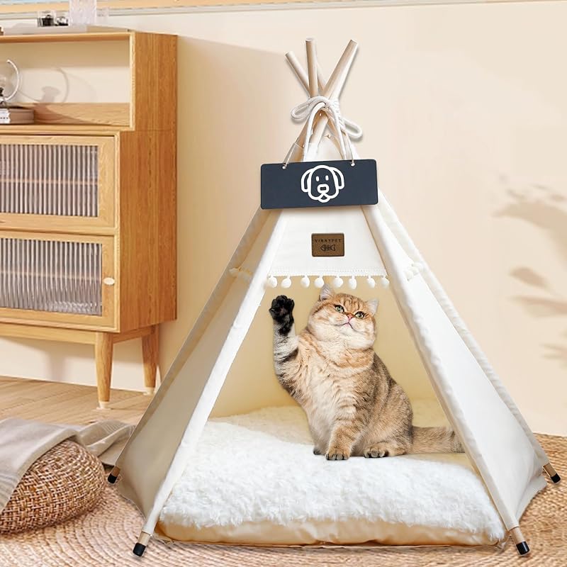 Vinnypet Tipi Sátor Macskáknak és Kutyáknak, Bézs Színű Háziállat Ház Plüss Párnával, Mosható Fedéllel, 50x50x60cm
