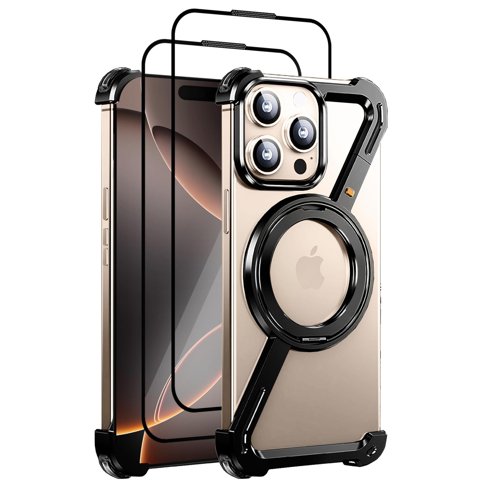 MARGOUN Minimalist Phone Case Compatible with iPhone 16 Pro Max,360° Rotation Kickstand Aluminum Metal Frameless Design Bumper Z Case, Protective Shock Grade Shell (Black+2 Glass, iP 16 Pro Max) iP 16 Pro Max Black+2 Glass
