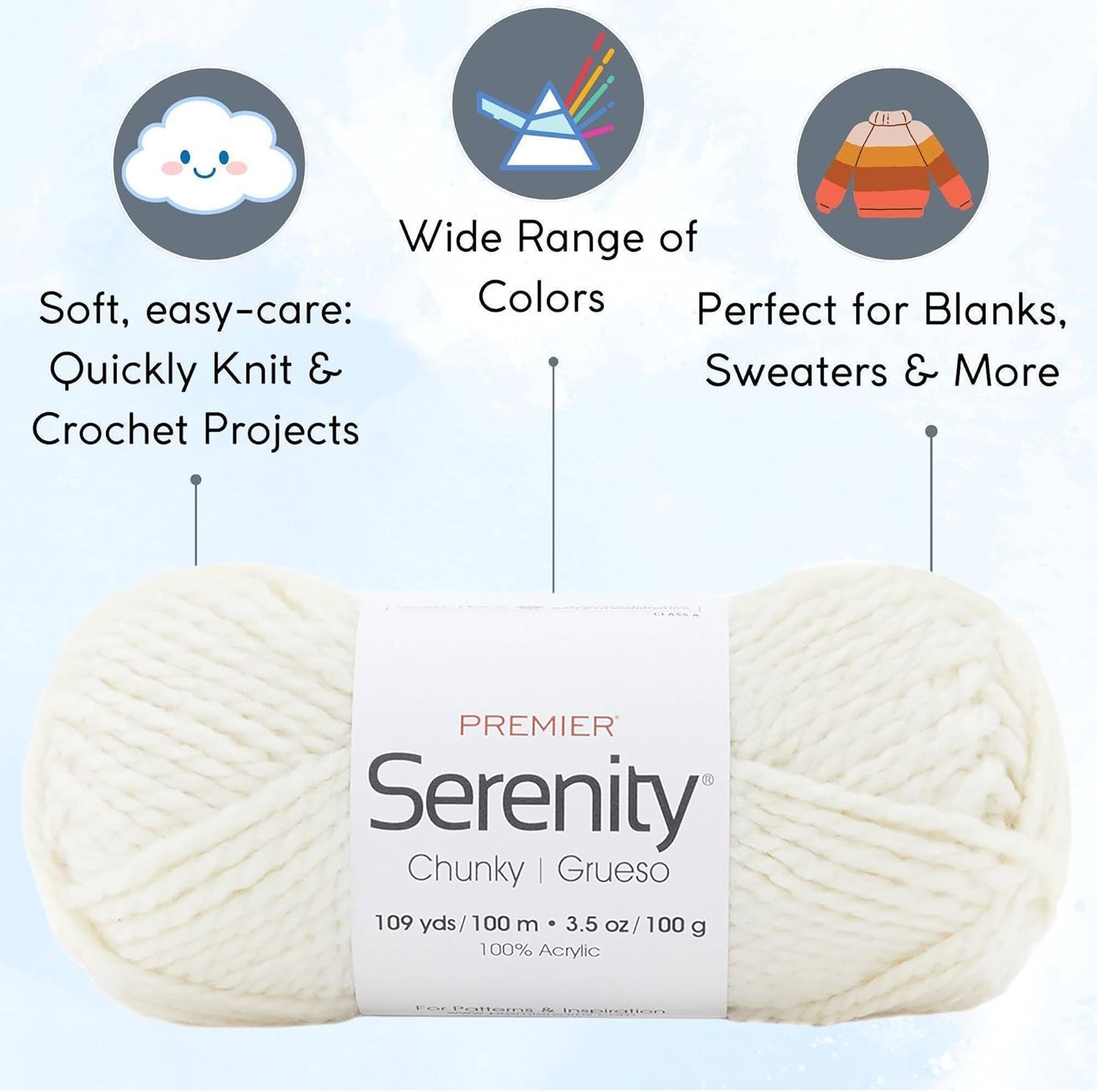 Premier Yarns Serenity Chunky Solid Pristine DN700-21 (6-Skeins - Same Dye Lot) Chunky Bulky #5 Acrylic Yarn for Crocheting and Knitting with Project Bag
