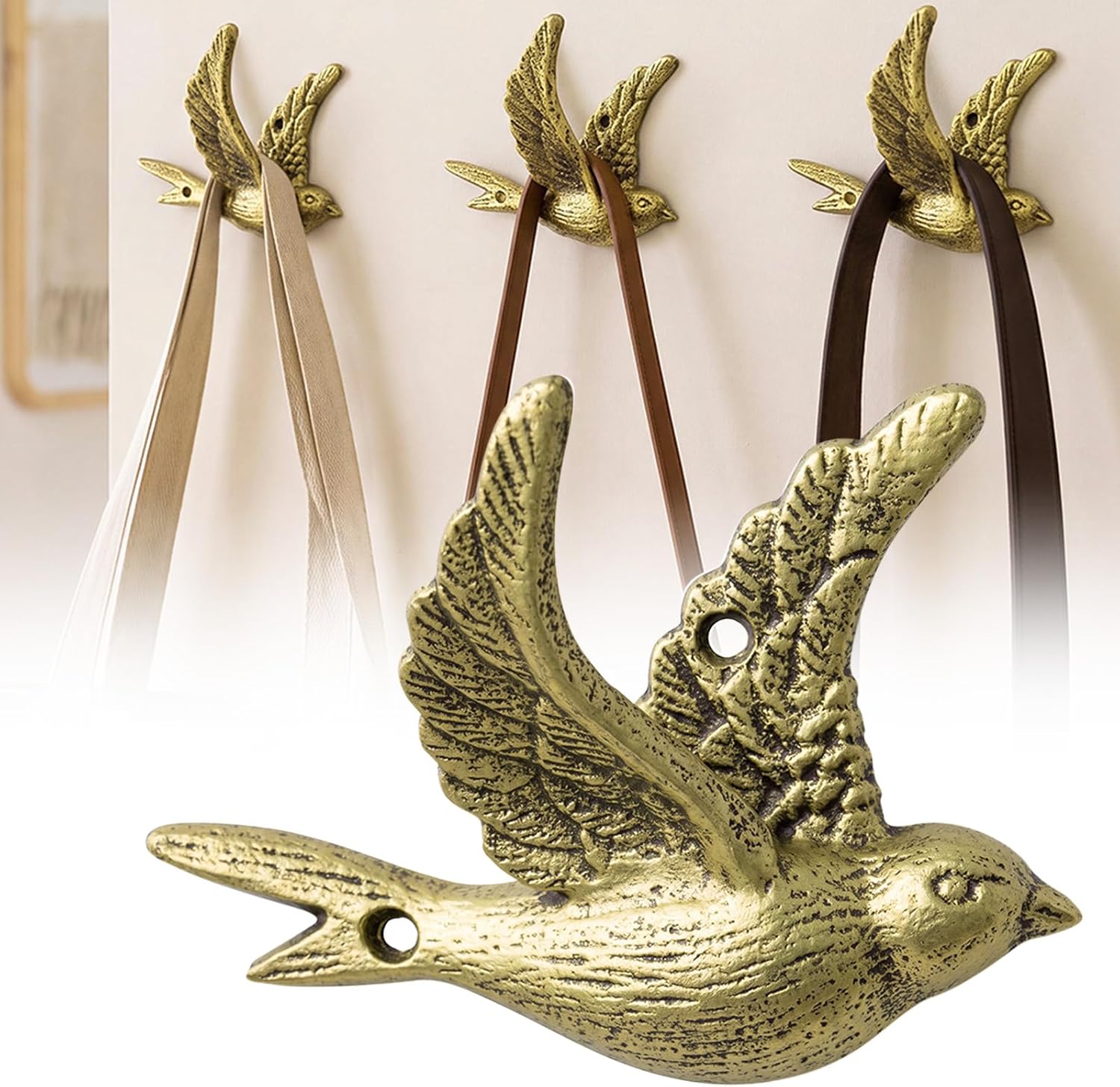3 Packs Flying Bird Decorative Wall Hooks Vintage Gold Wall Mounted Coat Hooks Heavy Duty Cast Iron Decorative Hangers for Entryway Mudroom Bedroom Hanging Coats, Bags, Hats, Towels, 、