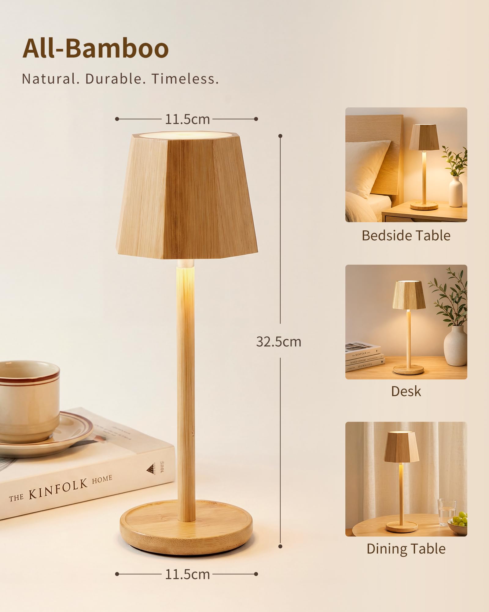 Lámpara LED de Mesa Inalámbrica–Recargable,Touch Dimmerable,Estilo Escandinavo Bohémien en Bambú,Impermeable,Luz Ambiental Portátil para Mesita de Noche,Dormitorio,Sala,Patio-BAMO TL12