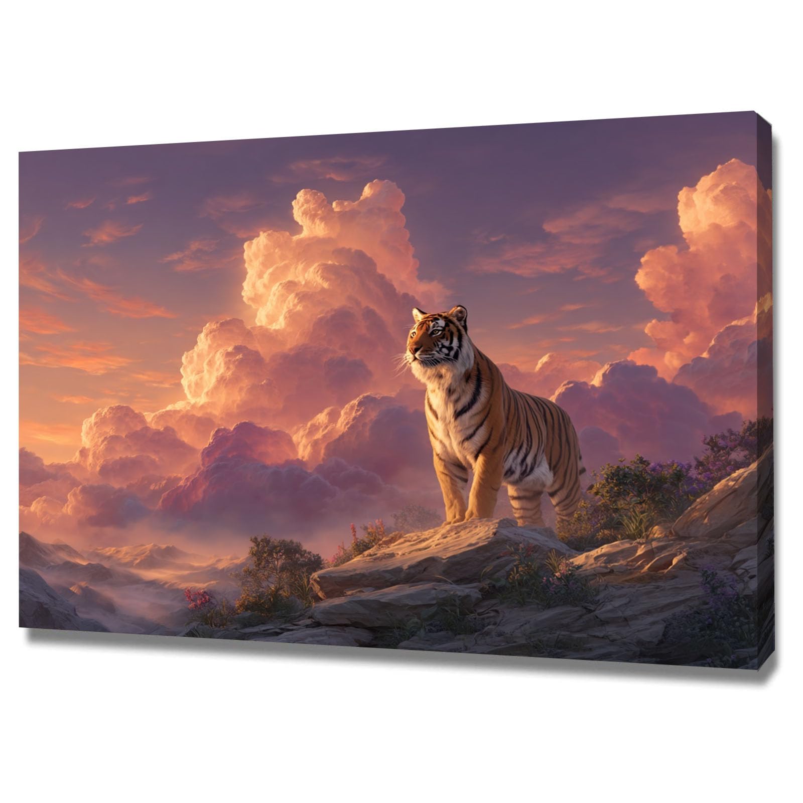TERUEA Animal Canvas Wall Art: Creature Abstract Tiger On Cliff Giant Pink Cloud Sunset Mountain Landscape Home Decoration Artwork,Prints for Special Occasions(Pink)-70x100cm Framed