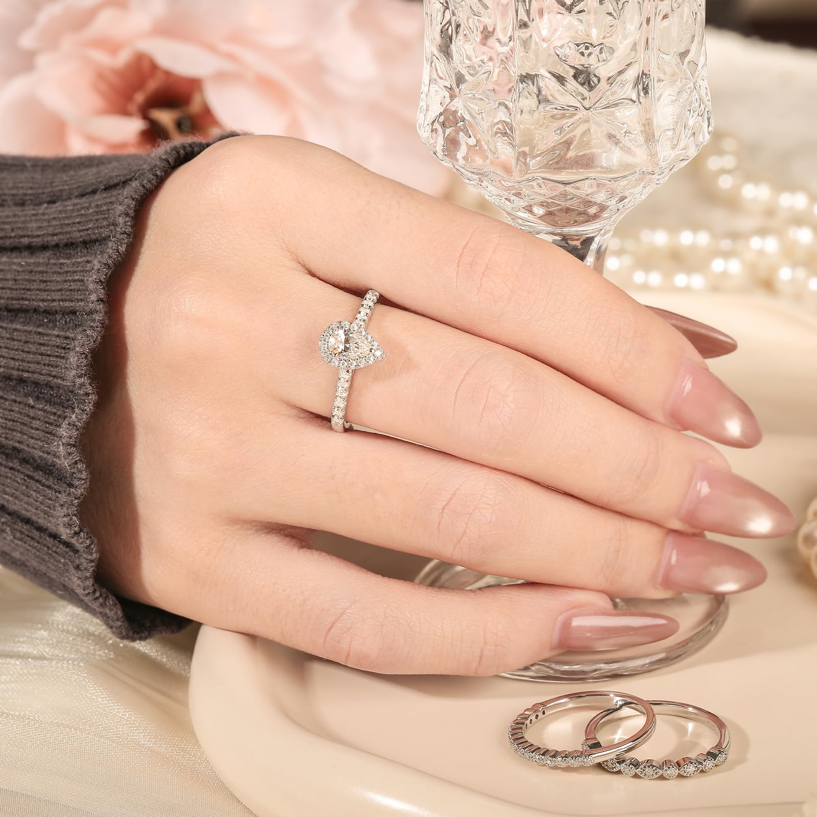 Damen Moissanit Band Ring Set Birnenschliff Vorsteckring 925 Sterling Silber Stapelring Rundschliff Silberring Austauschbar Ewigkeitsring Schmuckset für Frauen Geschenk