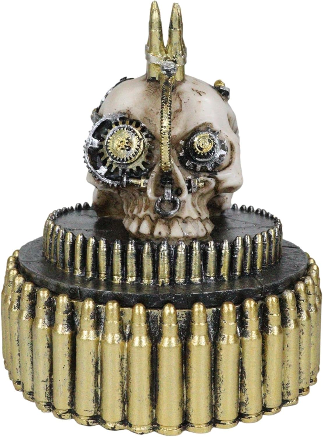 Ebros Gift Steampunk Cyborg Steam Cerebrum Gearwork Rifle Shell Bullets Mohawk War Dog Geared Skull Decorative Stash Jewelry Box Figurine Victorian Sci Fi Skulls Ossuary Oddity Decor