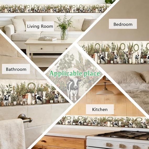 Farmhouse Wallpaper Border Wall Border Trim Peel and Stick 197 x 4 Inch Cattle Floral Jar Pattern PVC Decorative Molding Stickers for Bathroom Laundry Kitchen Backsplash Home Decoration