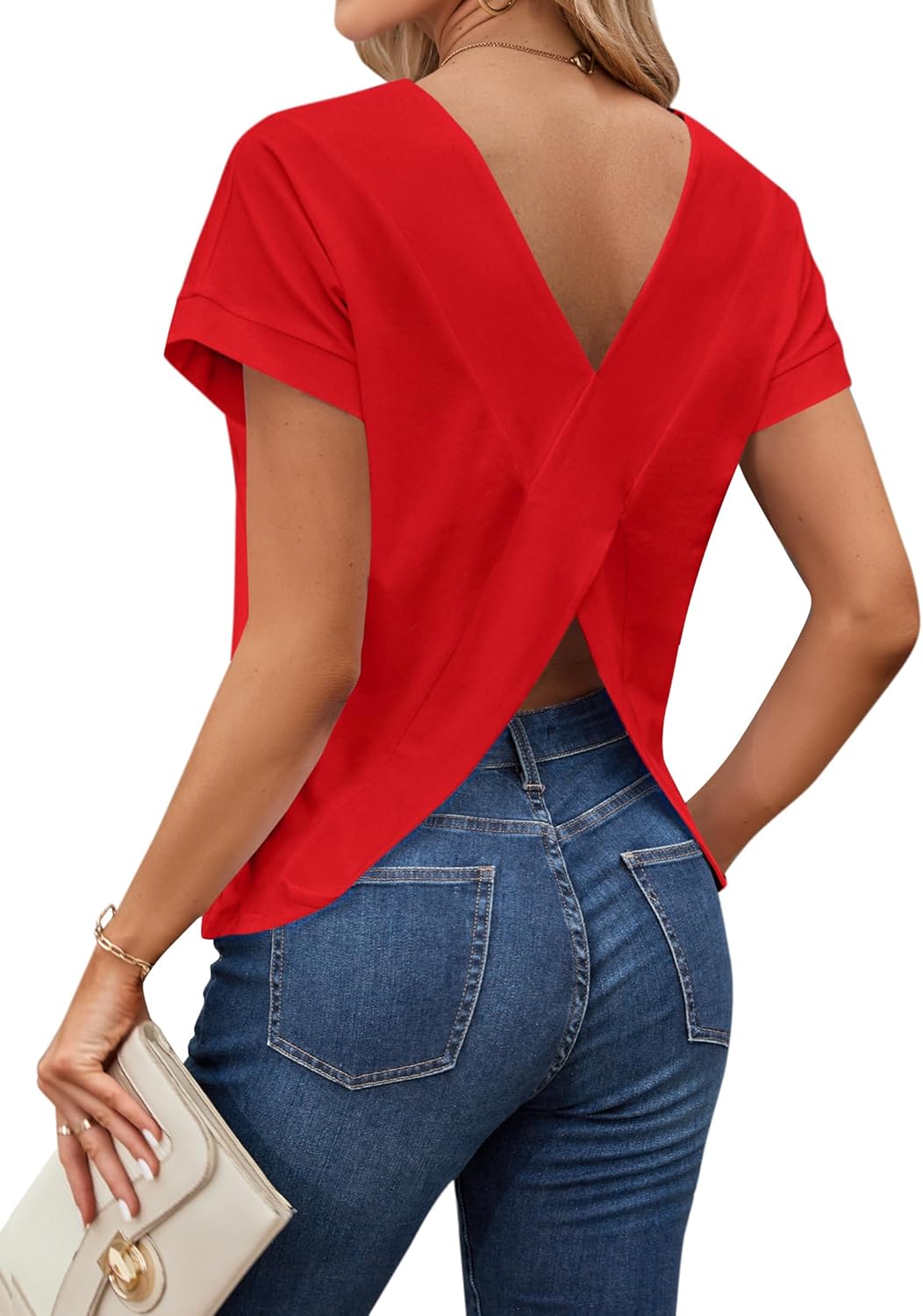 LilyCoco Women's Tie Dye Short Sleeve Shirt Criss Cross Back Tops Casual Loose Tee - Image 5