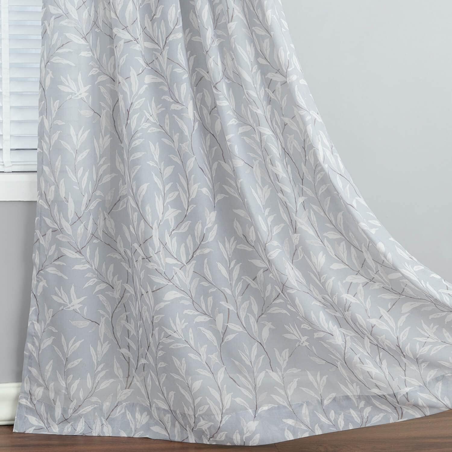 VOGOL Chiffon Backdrop Sheer Curtains, 2 Panels 84 Inches Long Soft Voile Window Drapes, Rustic Leaves Printed Panels for Living Room Decor, Rod Pocket, Grey