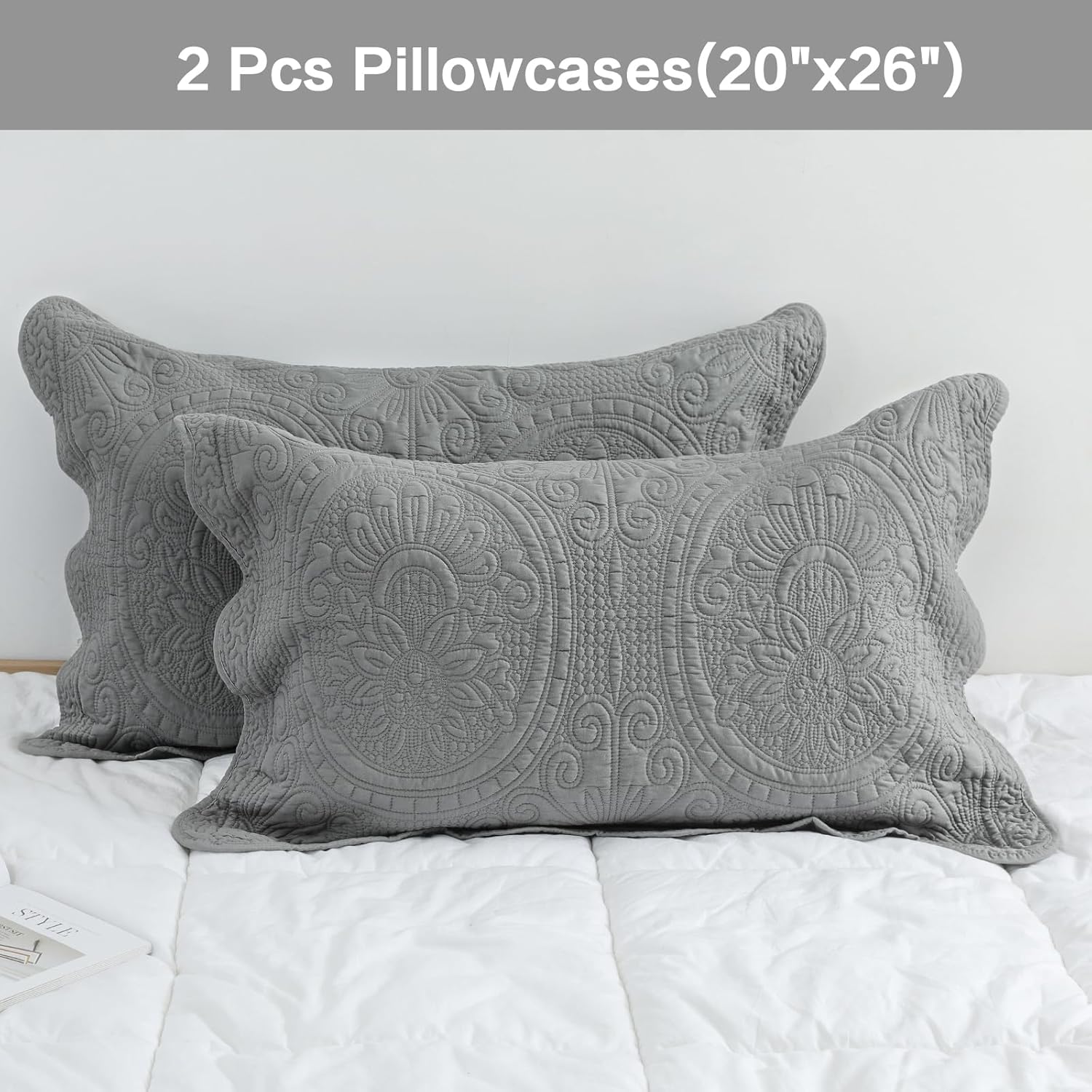BOSOWOS Pillow Shams Standard Size Set of 2, Ultra Soft Breathable Quilted Pillow Cases 20 x 26 inches for Sleeping, Grey Printing Standard 2Pack - Image 6