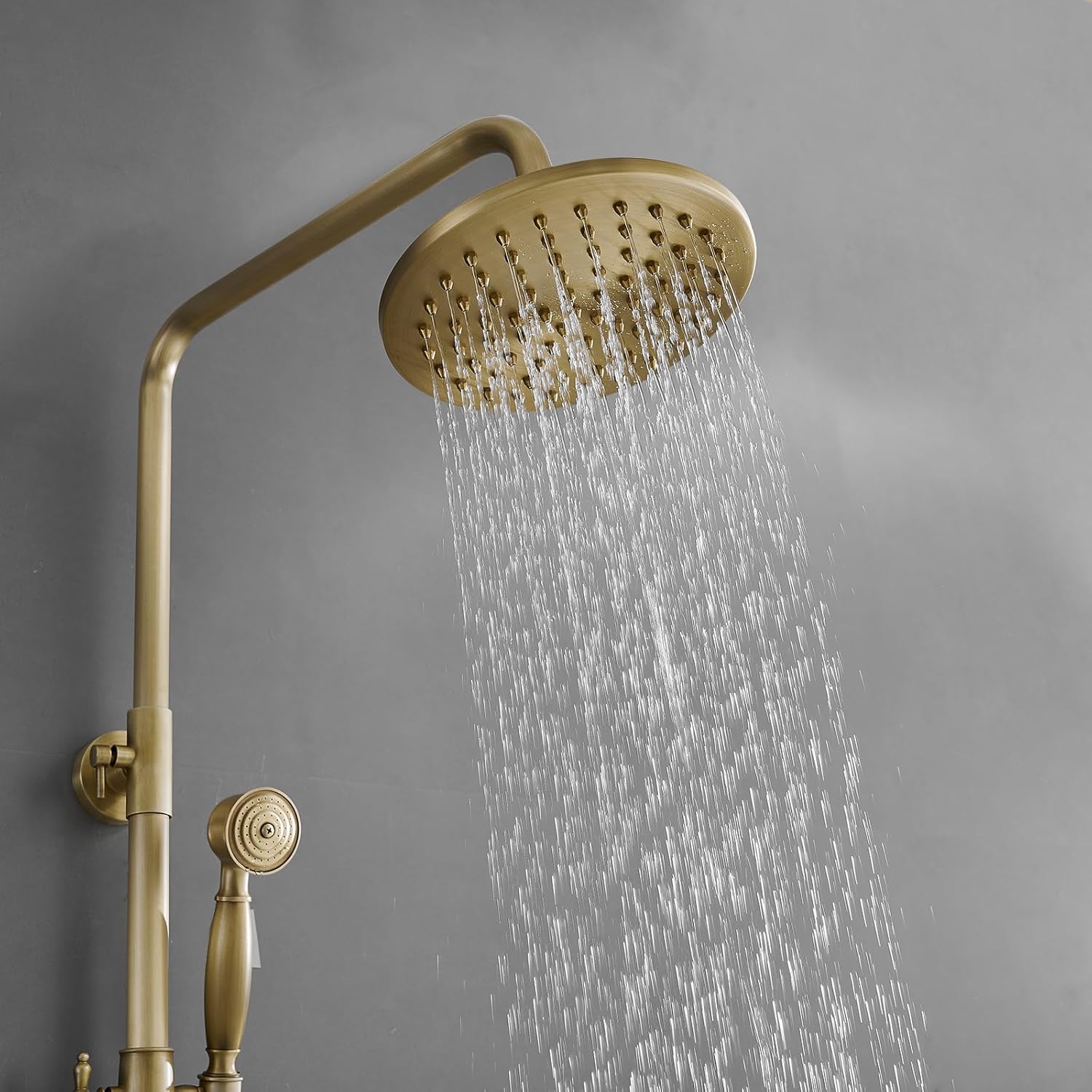 Antique Brass Outdoor Shower Kit, Exposed Pipe Shower System Set, Rainfall Outside Shower Features Two Handle High Pressure, Wall Mount