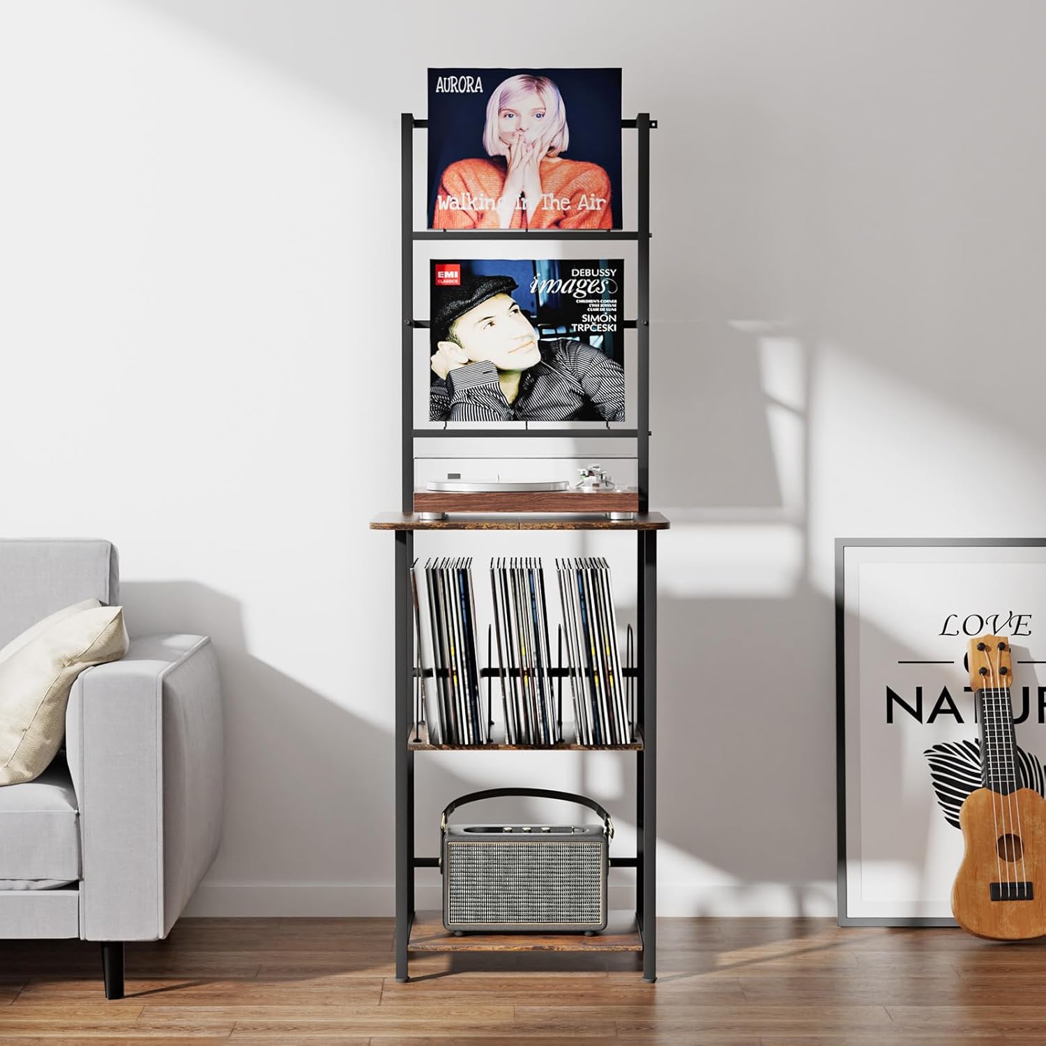 Record Player Stand, Turntable Stand with Large Desktop & Shelves, Vinyl Record Player Table with Storage Up to 200 Albums, Large Vintage Record Player Cabinet Organizer Rack, Black