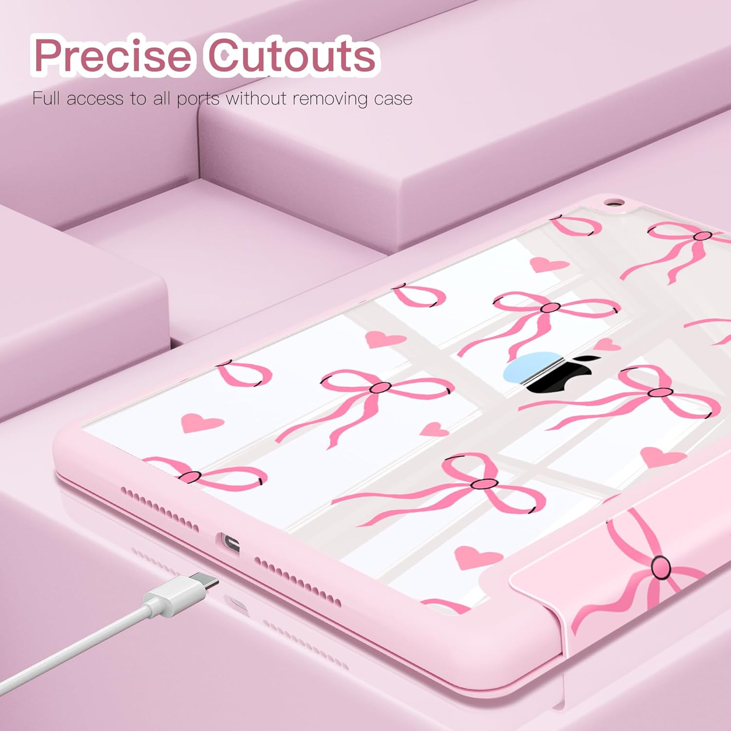 Teryeefi for iPad 9th Generation Case, Clear Back Cover with Pencil Holder & Auto Sleep/Wake for iPad 10.2 inch 9th/8th/7th Generation 2021/2020/2019 - Cute Pink Bow