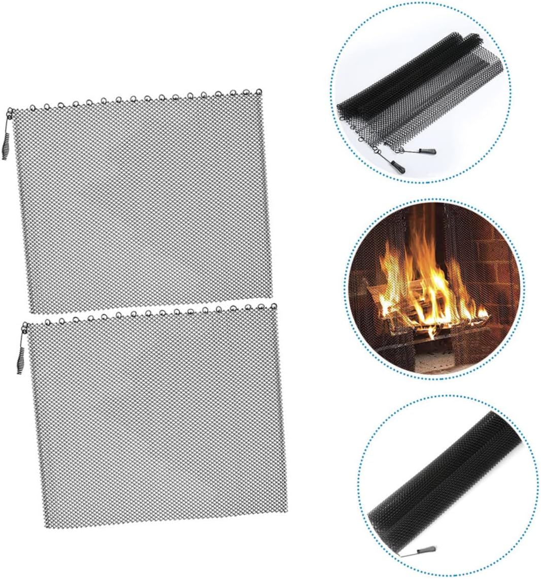 2pcs Fireplace Screen Curtains Fireproof Mesh Panels with Handles Fireplace for to Install