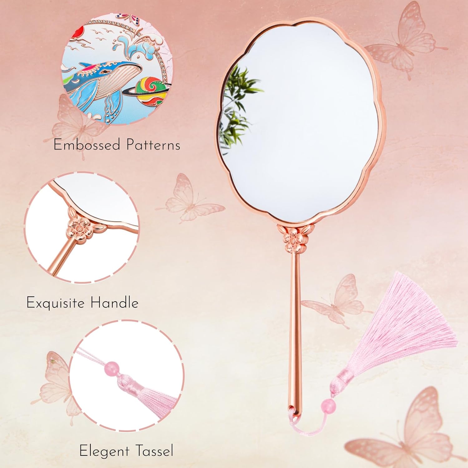 Vintage Handheld Mirror, Metal, Flower Shape | Hand Mirror with Mythical Creature Embossed Patterns, Portable Makeup Cosmetic Mirror, With Tassel, For Gift, Everyday Use