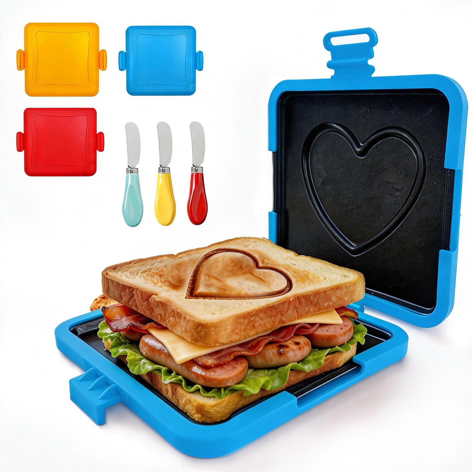 Microwave Toastie Sandwich Maker with Butter Knife, Microwave Toaster, Love Printed Sandwich Maker, Panini Maker,Dishwasher Safe Design No Electricity Needed Fast Cooking (Blue)