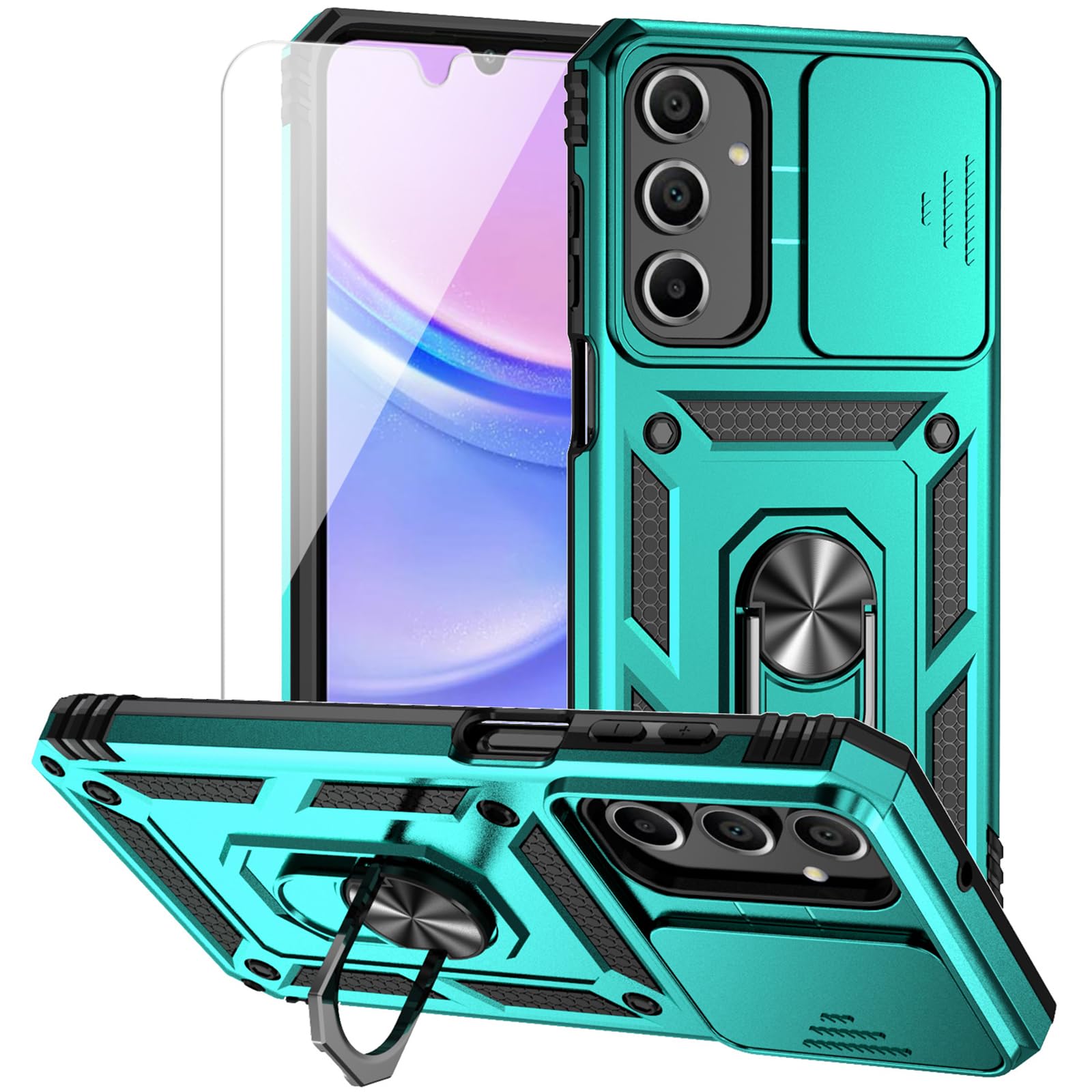 for Samsung Galaxy A16 5G Case with Camera Lens Cover HD Screen Protector, Dual Layer Military-Grade Drop Tested Magnetic Ring Holder Kickstand
