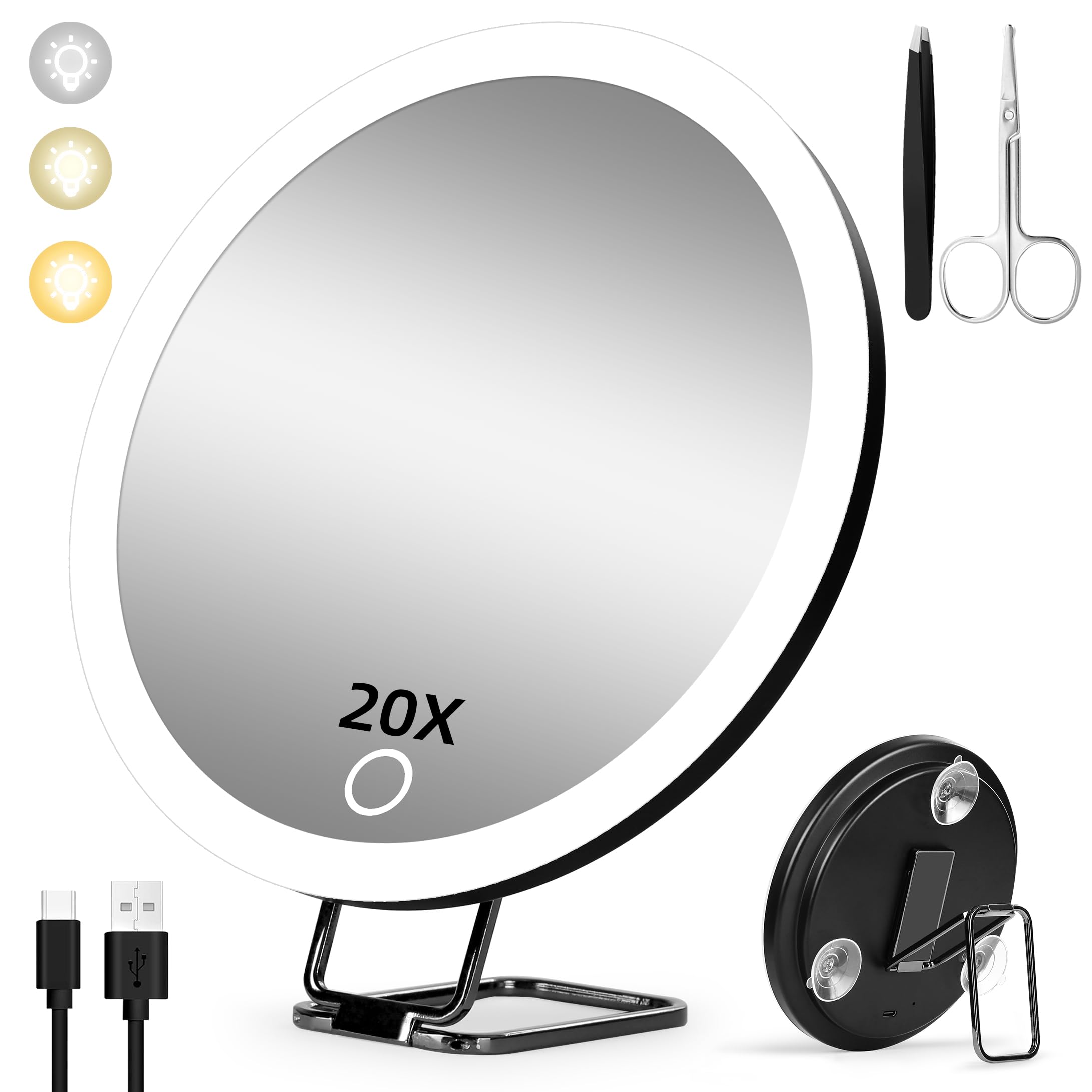 20X Lighted Magnifying Mirror with 3 Suction Cups and 360° Table Stand, Rechargeable 3 Colors Dimming 15cm Vanity Makeup Mirror with Tweezers & Scissors-image-27