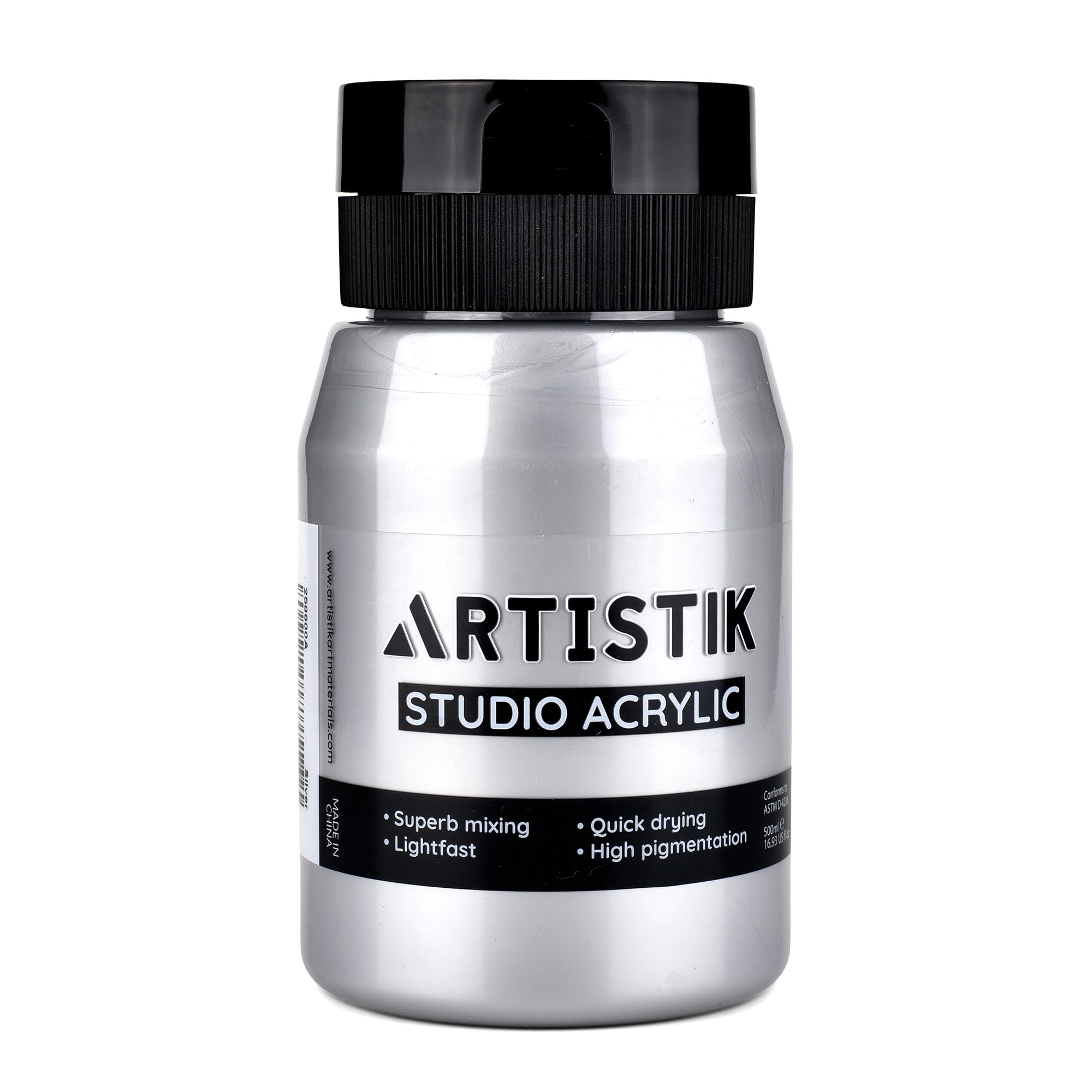 Artistik Silver Artistic Acrylic Paint Jar - High-Pigment, Fade Proof Painting Supplies, Suitable For Canvas, Wood, Leather, Fabric, Stone & Craft - 500Ml