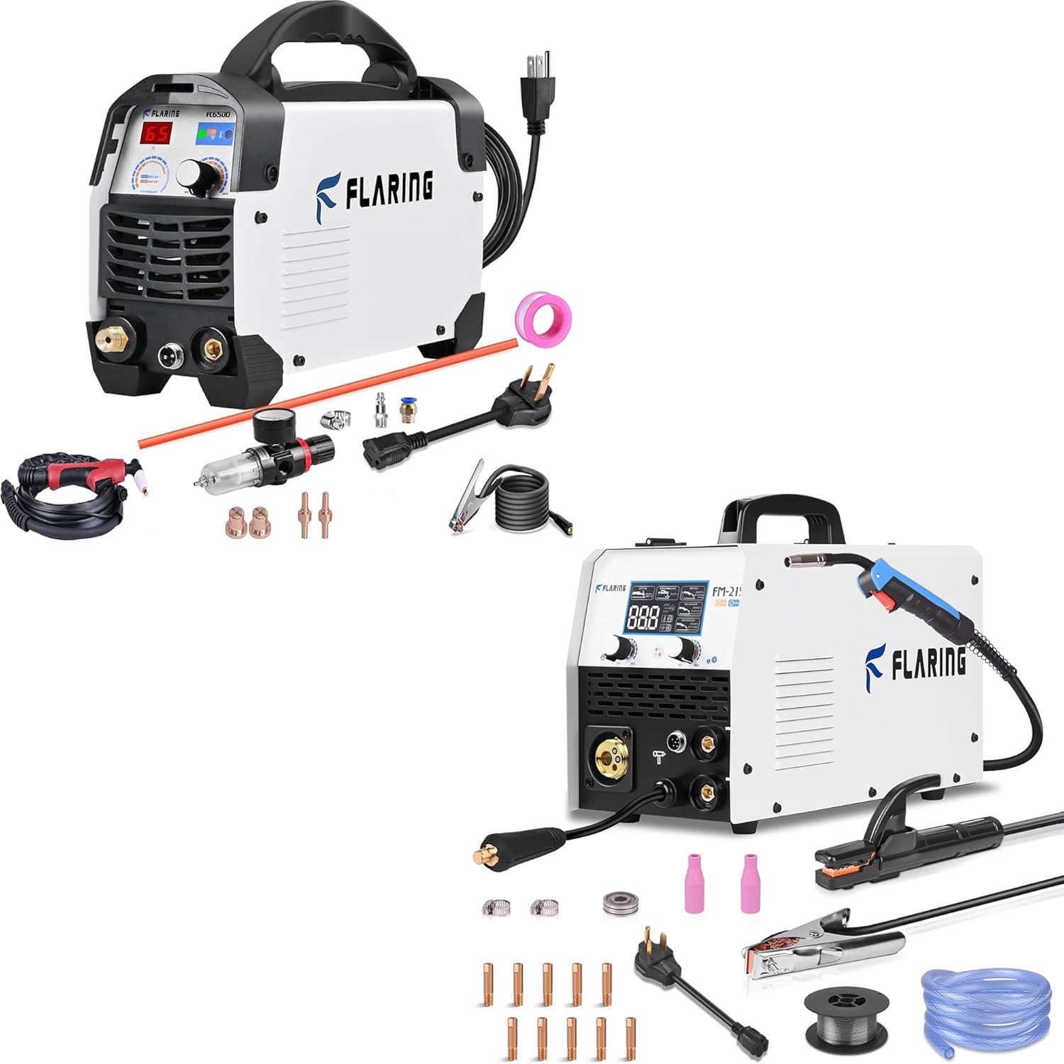 FLARING 65 Amp Plasma Cutter 120V 240V 4/5" Max Cutting 1/2" Clean Cut With FLARING 215Amp MIG Welder 120V/240V 6 IN 1 Welding Machine Flux Core/Gas MIG/Stick/Lift TIG/Spot/Spool Gun