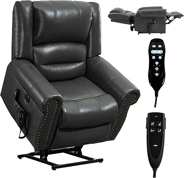 Trustyue Dual Motor Power Lift Chair, Lay Flat Recliner Chair, Electric Recliner with Massage and Heat for Elderly, Remote Control, Infinite Position,Standing Assistance,USB Ports PU Grey