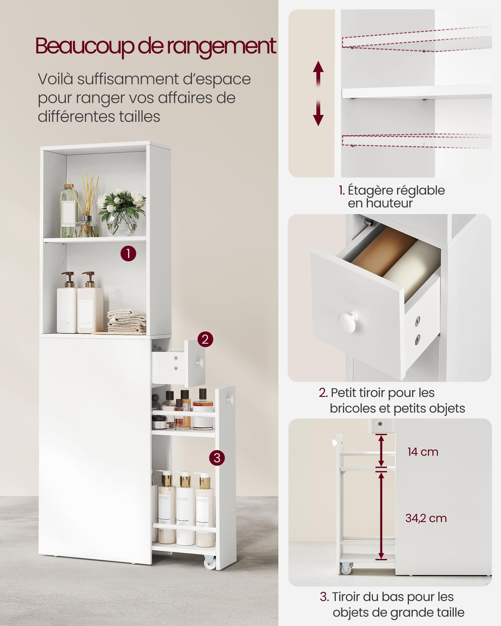 VASAGLE Meuble de Salle de Bain Haut, Colonne avec Tiroirs et Étagère Réglable, Armoire, Blanc Classique