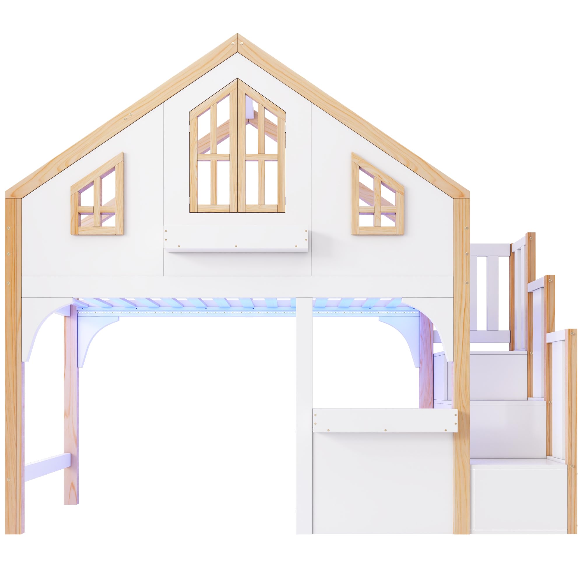 Haus-Etagenbett Kinderbett 90x200 cm mit LE/D Funktionen, Innovativer Stauraumtreppe, Fantasievollem Fenster-Design, Holz + MDF, Geeignet für 2 Kinder, Weiß + Natur