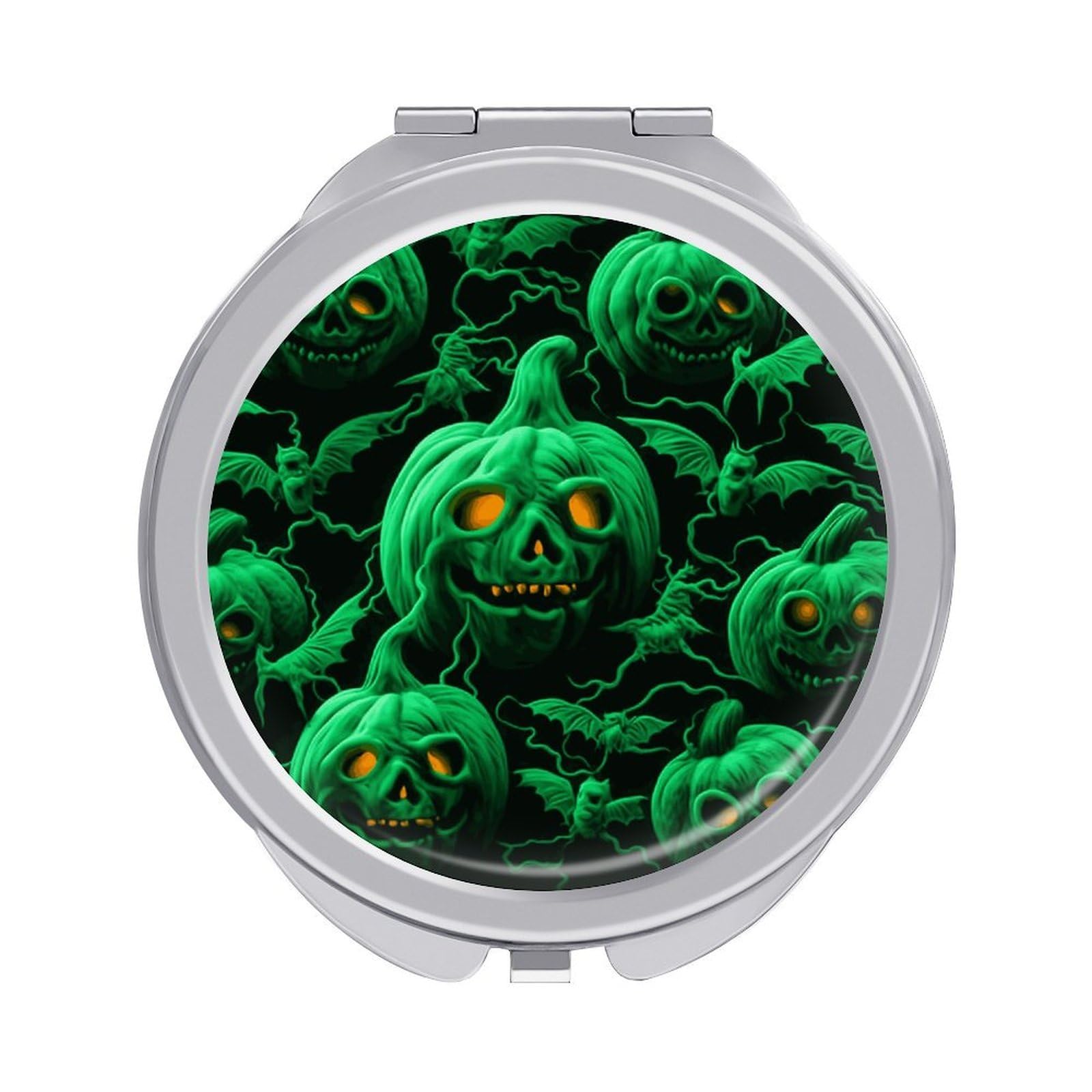 JTREHY Green Ghost Horror Halloween Pumpkin Makeup Mirror Silver Mirror Surface Folding Makeups Mirrors Lightweight Durable Looking Glass for Suitable Traveling Handbag and Purses