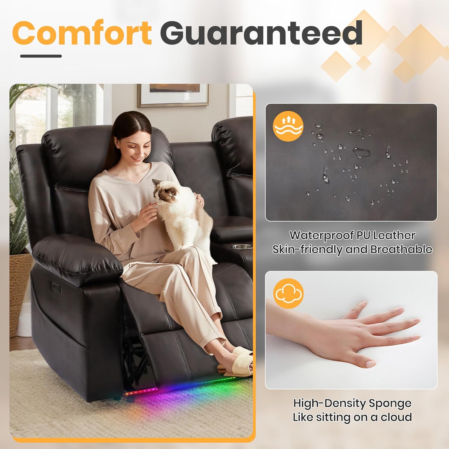 Power Loveseat Recliner Sofa with Console, Electric Reclining Loveseat with LED Light/Stuffed Backrest/USB/Type C/Large Drawer, PU Leather RV Double Recliner Couch (Brown, 2 Seater)