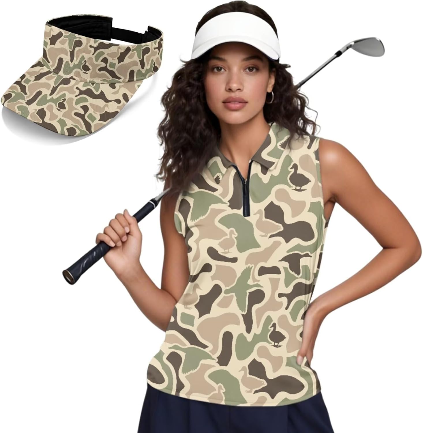 INSTANTARTS 2 Piece Women Golf Matching Outfit 1/4 Zip Up Sleeveless Shirt Tennis Tops and Stylish Empty Top Sun Visor Hat