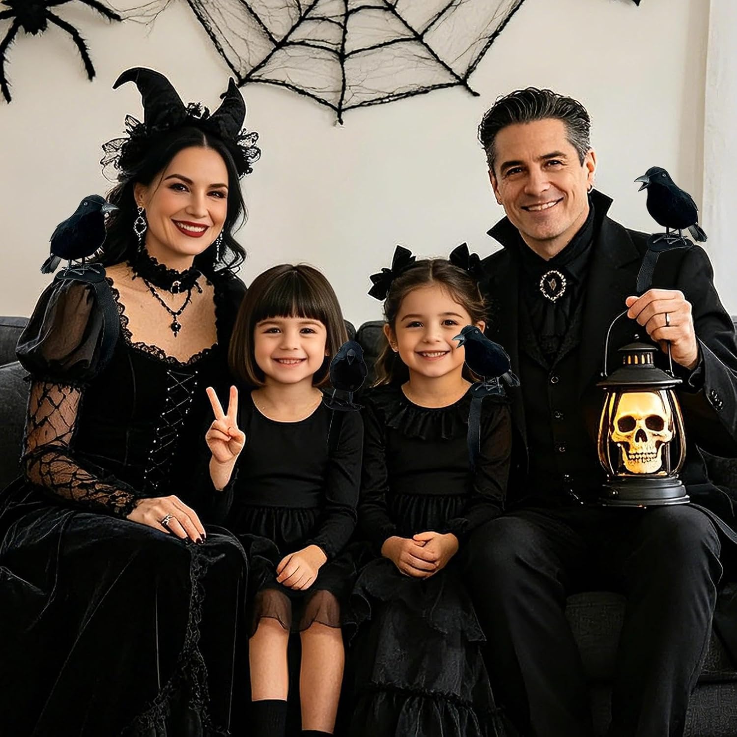2-Pack Fake Black Crows, Birds Accessories Small Feather Shoulder Ravens Gothic Costume with Straps Pins for Cosplay Party