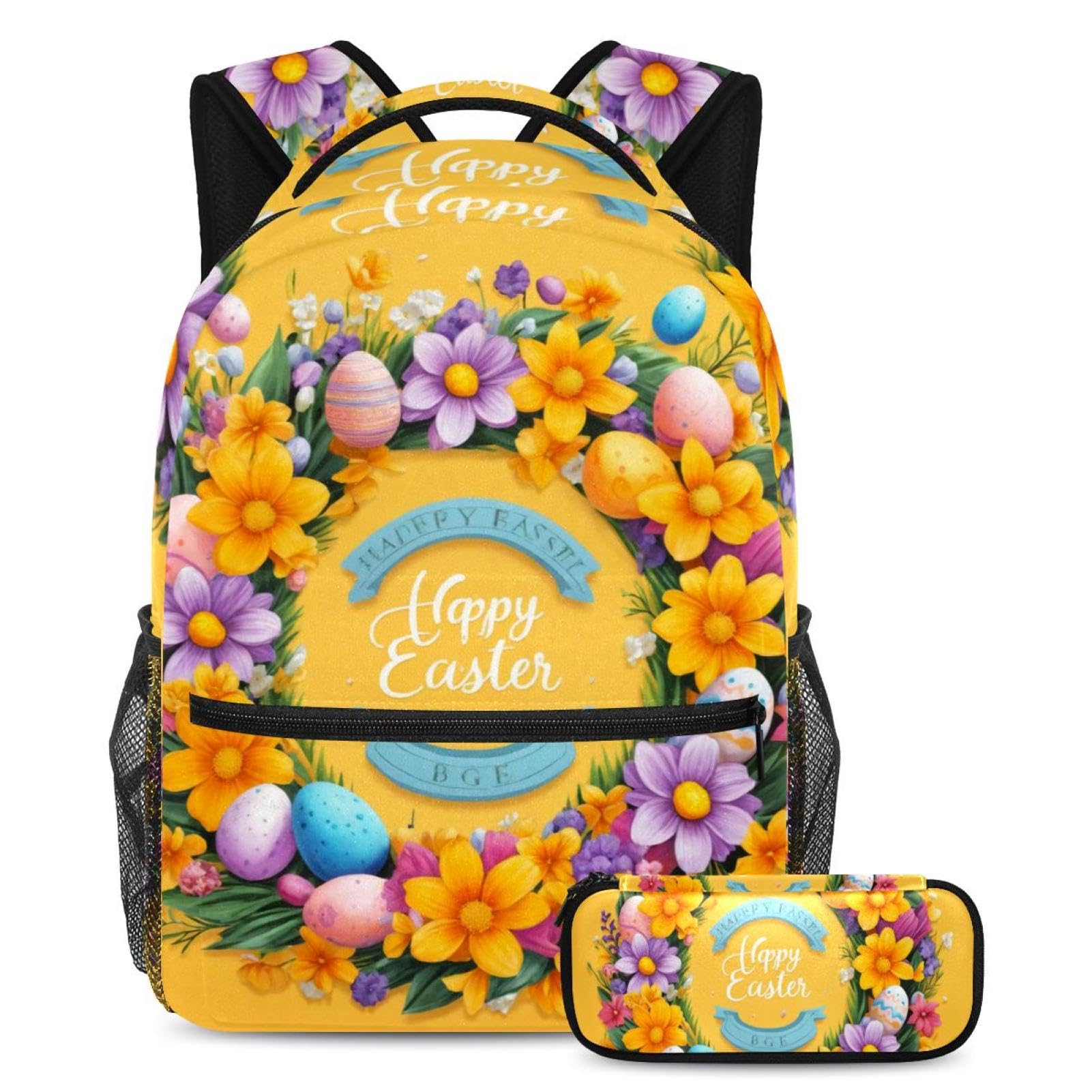 Sac à dos avec trousse à crayons jaune pour étudiants : ensemble scolaire à motif couronne de Pâques