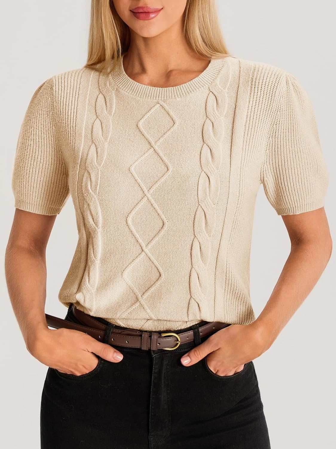 Cicy Bell Womens Puff Short Sleeve Sweater Tops Cable Knit Crew Neck 2026 Spring Shirts Lightweight Dressy Casual Sweaters - Image 2