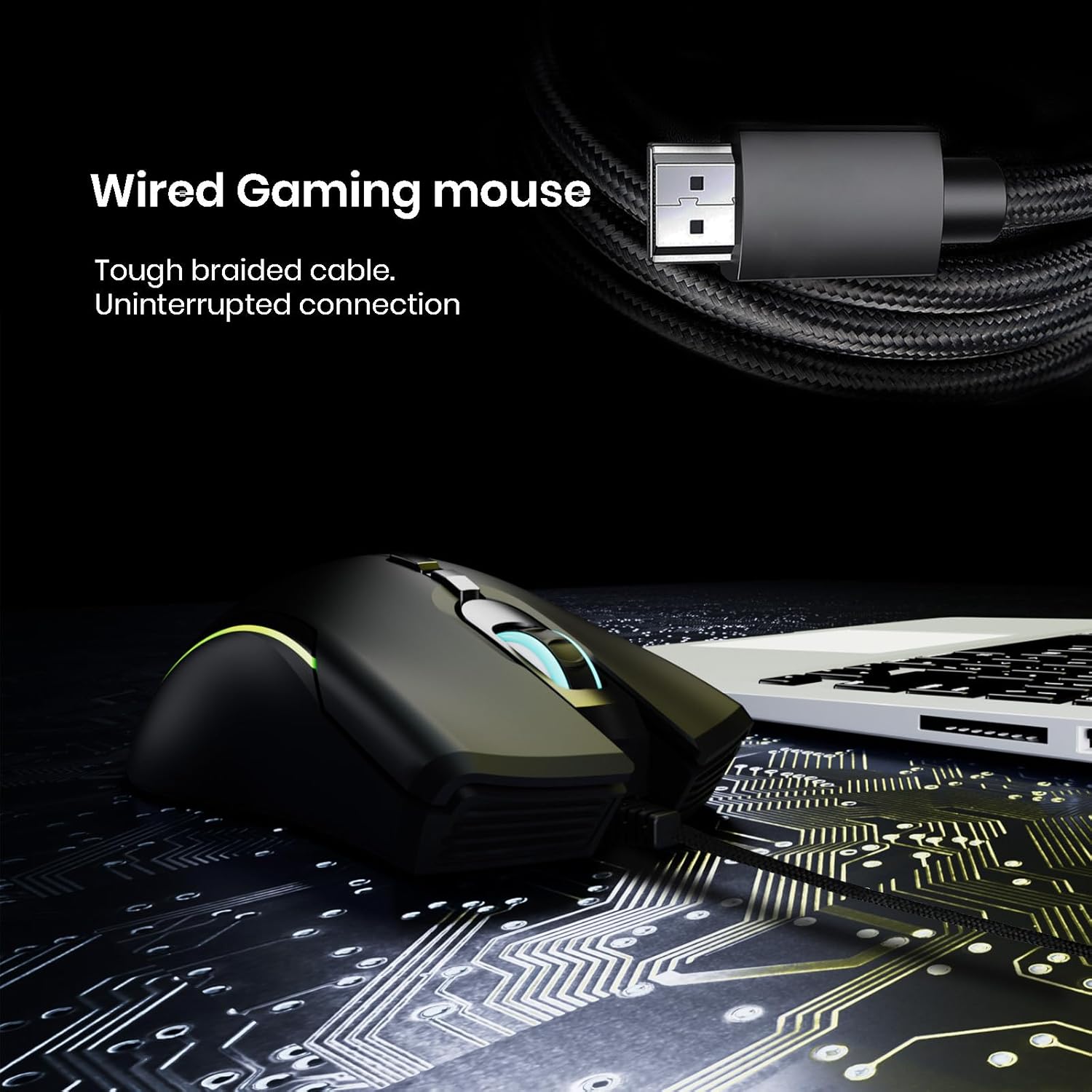 MKETech Wired Gaming Mouse connected via USB cable to a laptop