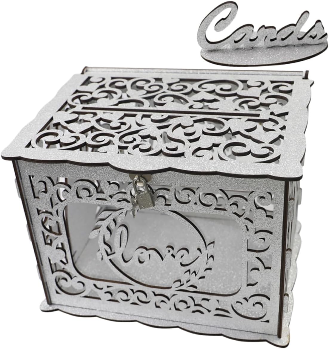 INOOMP Wooden Hollow Glitter Card Box Envelope Money Holder Portable Wedding Reception Storage Box for Anniversary Birthday Party Decorations