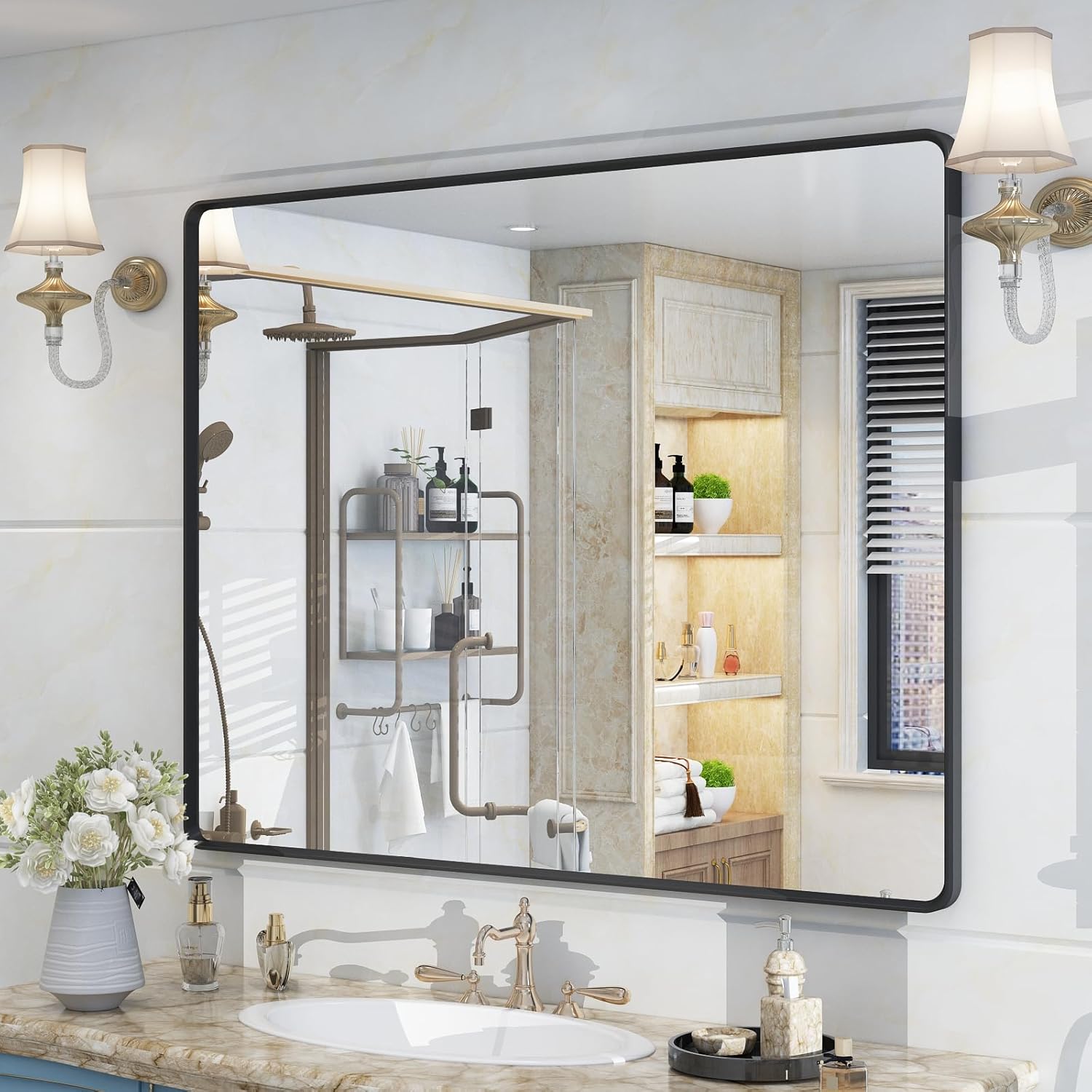 OKPAL 40X36 Inch Black Metal Framed Bathroom Mirror for Wall, Matte Black Bathroom Vanity Mirror, Black Rounded Rectangle Mirror Modern with Rustproof, Tempered Glass (Horizontal/Vertical) Matte Black 40"L x 36"W