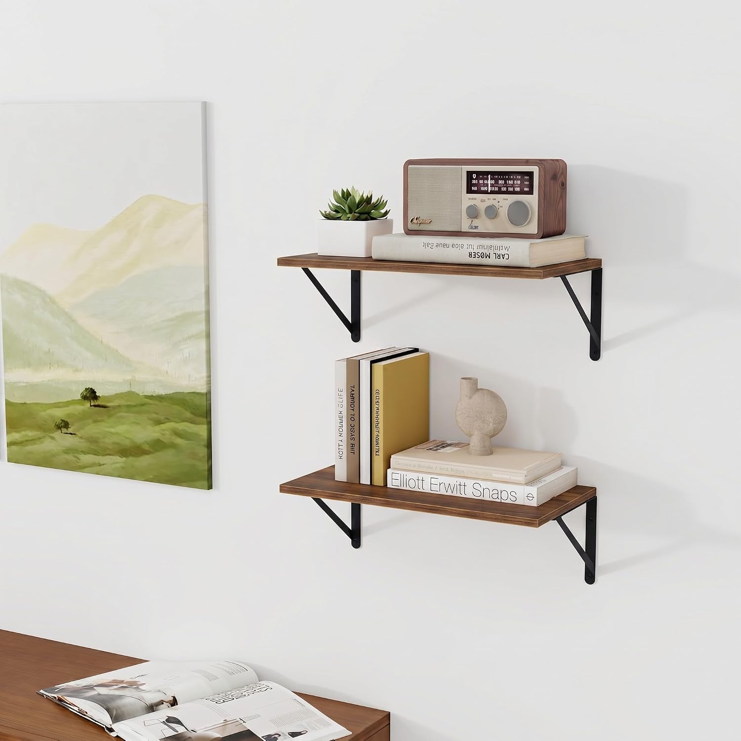 Vivelove 8 Inch Deep Floating Shelves for Wall, 16W x 8D Wood Wall Shelves Set of 2, Walnut Wide Floating Bookshelf for Living Room, Kitchen, Office, Bedroom, with Black Metal Bracke - Walnut