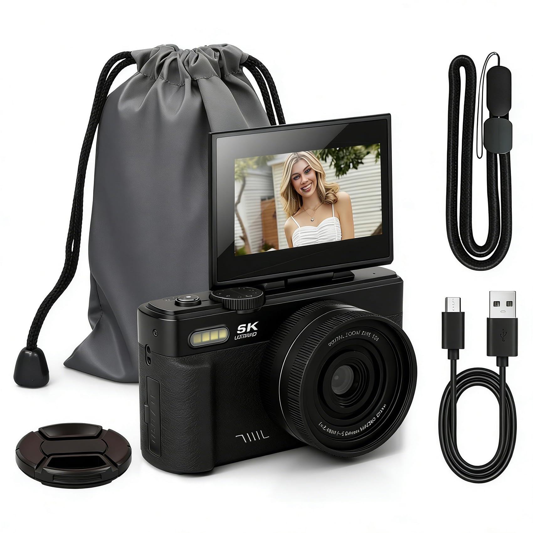Optinexo 5K Digital Compact Camera, Cámara Digital Compacta 5K con Pantalla Flip y Zoom Digital 16X, Cámara Vlogging Portátil, Cámara de Fotos y Vídeo para Viajes y Creadores (Negro, Sin Tarjeta)