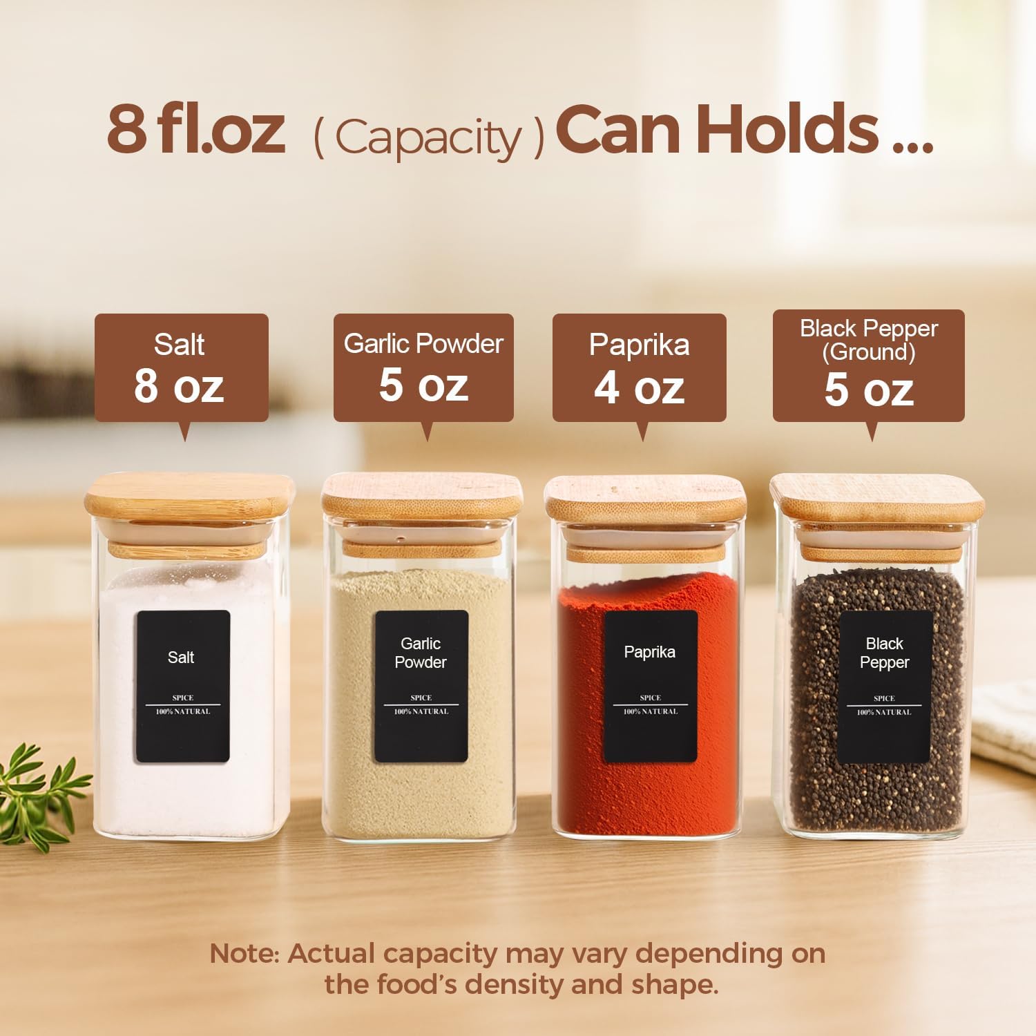 ComSaf 12Pcs Glass Spice Jars with Bamboo Lid, 8oz Airtight Square Containers with 275 Black Lables, Empty Seasoning Jars for Spice Salt Sugar - Image 2