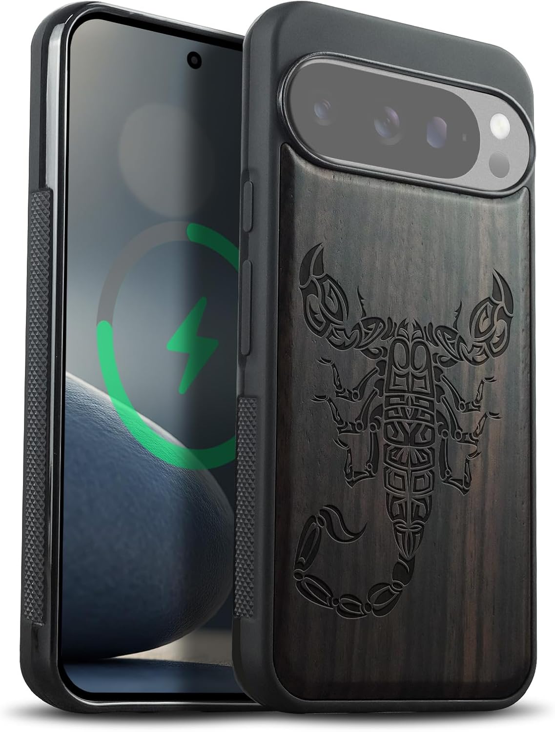 Carveit Magnetic Wooden Case for Google Pixel 10 / Pixel 10 Pro Case, Wood Artisan Engraved & Soft TPU Shockproof Cover, Compatible with MagSafe Wireless Chargers (Tribal Scorpion) Blackwood