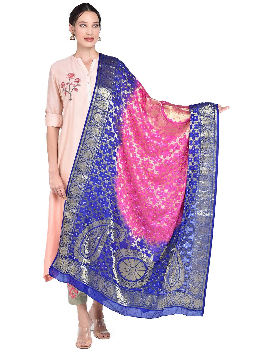 dupatta bazaar Women's Blue & Rani Banarasi Bandhej Gharchola Silk Dupatta-picture-38