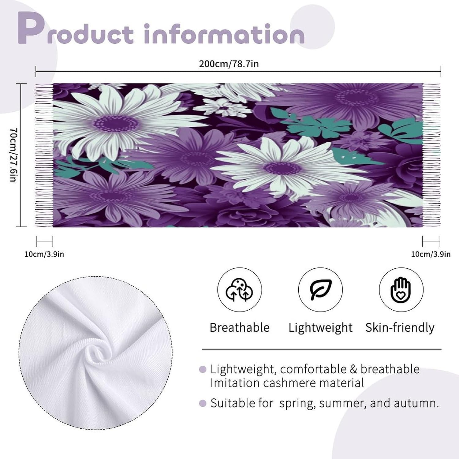 Purple White Floral Winter Scarf for Women Soft Tassel Scarves Oversized Wraps Long Shawl Cold Weather Thick Blanket Scarfs