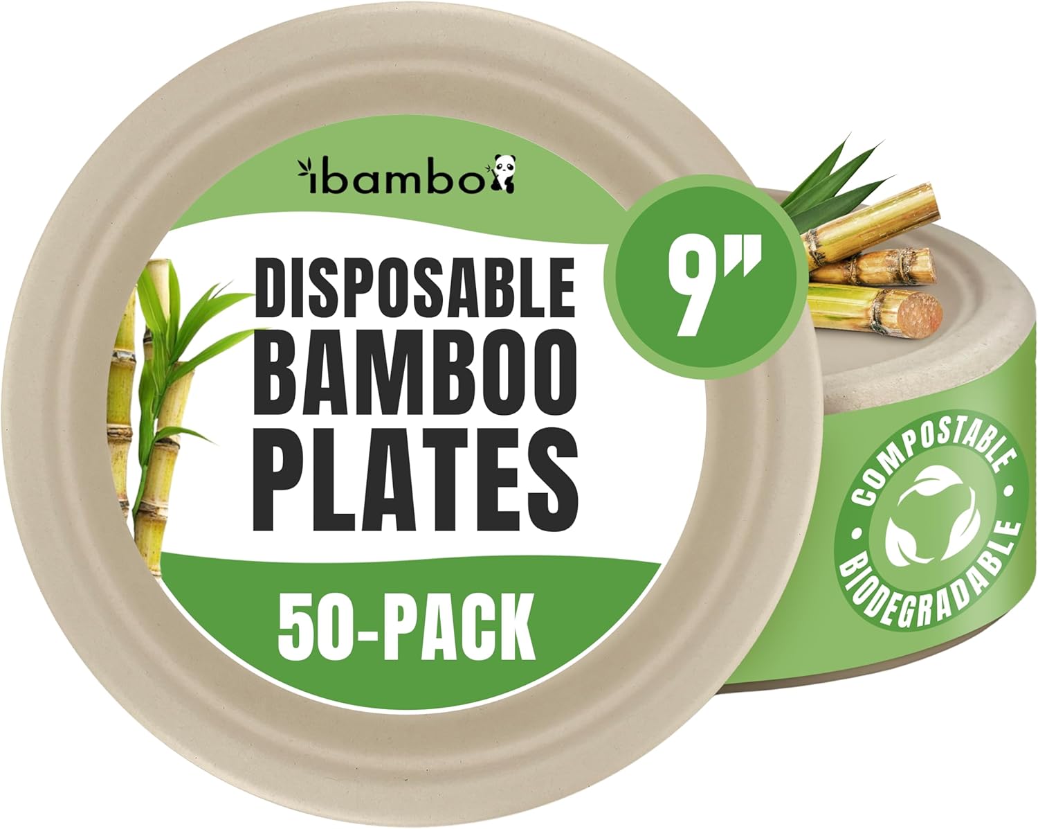 Paper Bamboo Plates Disposable (50-Pack, 9-inch) | Sturdy & Microwave Safe | Compostable Paper Plates Disposable Heavy Duty | PFAS Free, Biodegradable | FSC Certified Alternative to Plastic