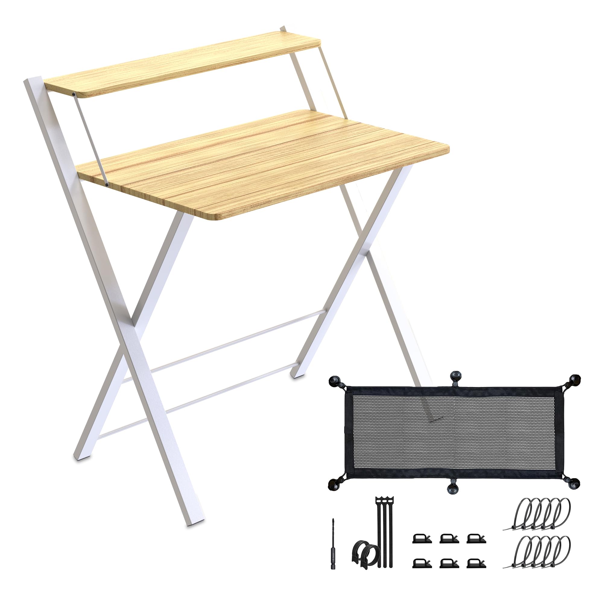 Escritorio Plegable con Estante para Monitor , Mesa Escritorio Pequeña sin Montaje , Escritorio Blanco para Oficina , Estudio o Casa , Ideal como Mesa Ordenador Portátil o Escritorio Abatible.