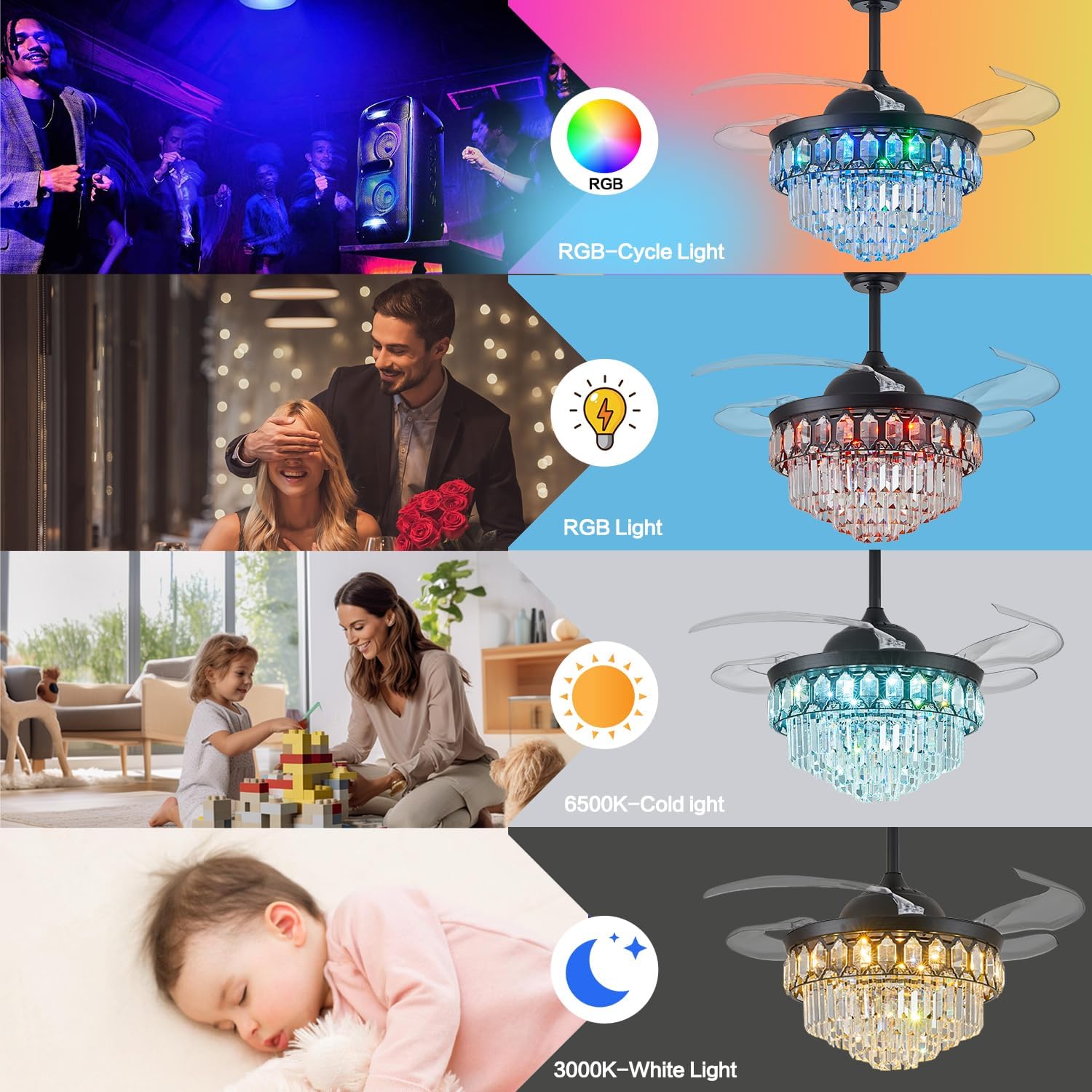 48" RGB Ceiling Fan with Light and Music Player,Bluetooth Retractable Blades Crystal Fandelier Speaker LED Chandelier 6-Speed APP Control Quiet Motor Remote Control for Bedroom Black