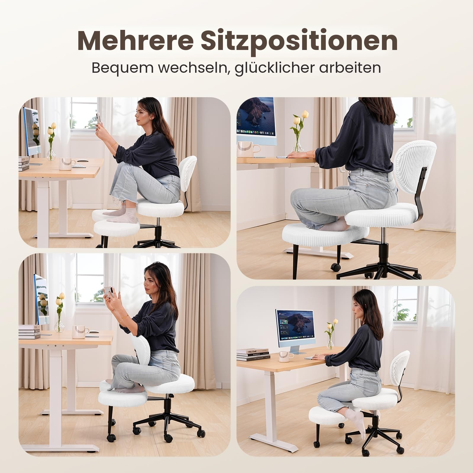 HOMRELEXA Bürostuhl mit Kreuzbeinen, 360° drehbar, Ergonomischer Kniestuhl, Criss Cross Schreibtischstuhl mit Verstellbarer Höhe, ADHS-Meditationsstuhl mit Rückenstütze, Cordstoff, Weiß