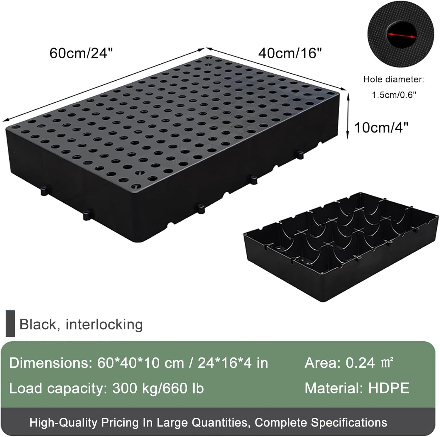 Plastic Pallets, Drainage Interlocking Floor Tiles, Modular Cushion, Waterproof Ventilated Grid Design for Basement, Garage & Warehouse Storage(Black,60x40cm/24x16in)