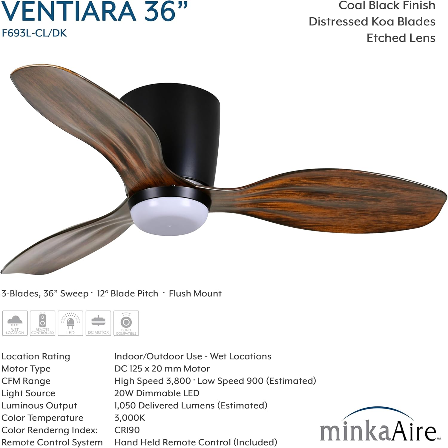 MINKA-AIRE F693L-CL/DK Ventiara 36" 3-Blade LED Flush Mount Indoor/Outdoor Ceiling Fan in Coal Black and Distressed Koa Finish Blades with Etched Lens
